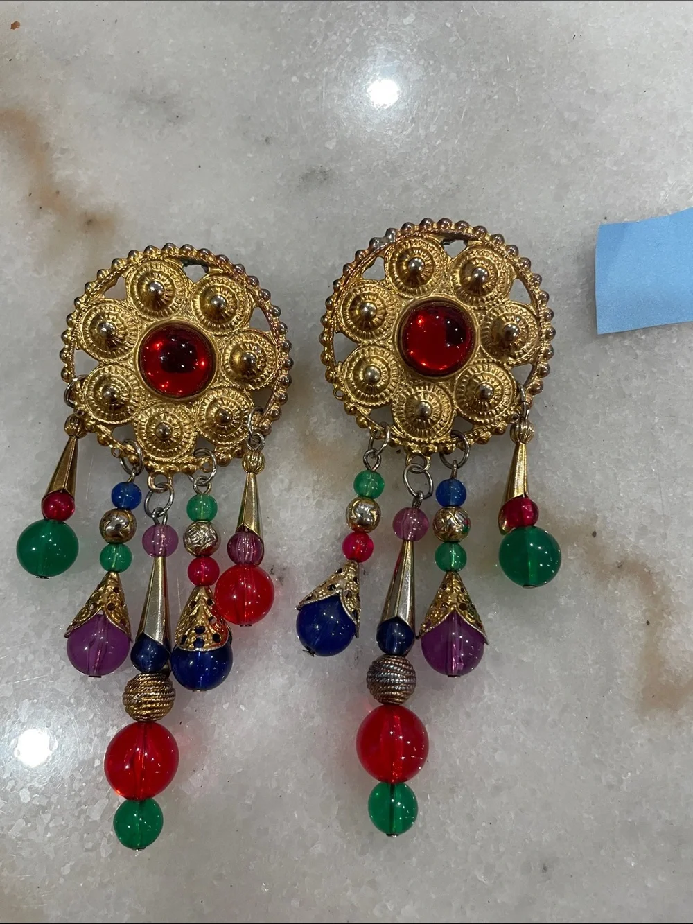 Gold-Tone Multicolor Beaded Drop Earrings - Vibrant Red, Green, Blue, Purple